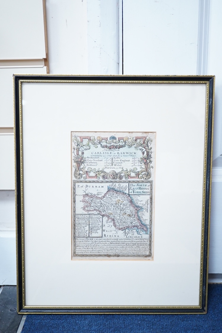 After John Owen & Emmanuel Bowen, A set of four 18th century hand coloured engraved road maps comprising: The North and East Riding of Yorkshire, The West Riding of Yorkshire, Lancashire, and Kent, gallery labels verso,
